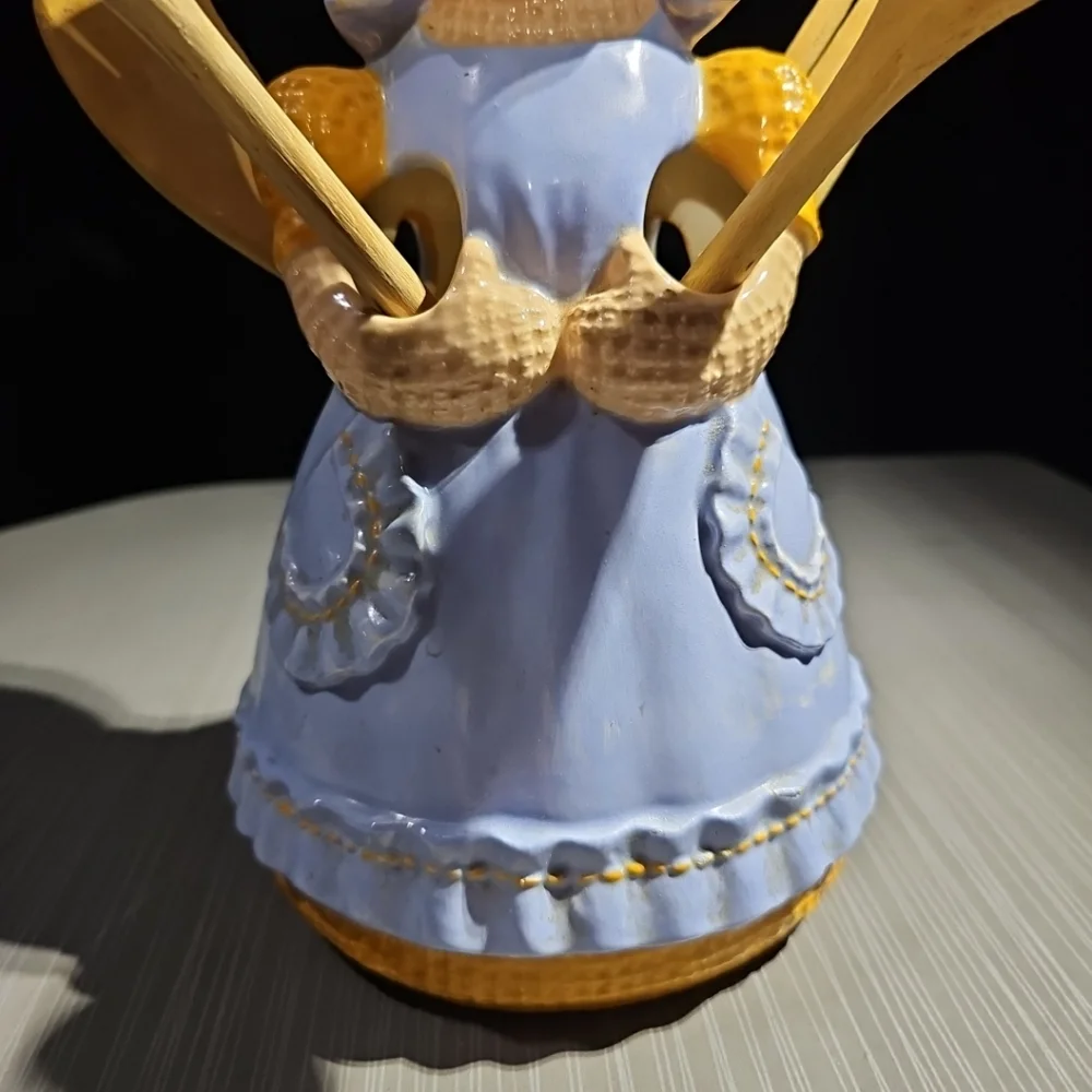 Vintage Sittre Ceramic Burlap Doll Utensil‎ Holder & Wooden Spoon 1979 Decor 11